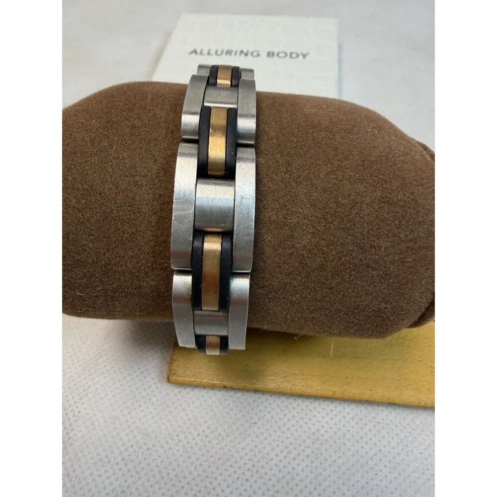 BI Baroni Stainless Steel Men's Link Bracelet  Band Two Tone Silver Gold